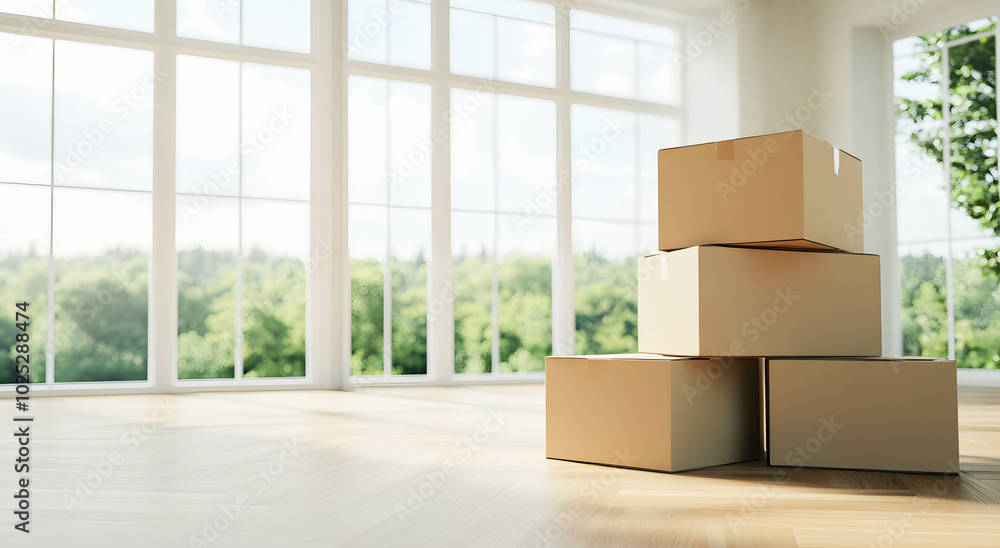 A stack of cardboard boxes with things to move in a bright empty room. Large spacious room. Moving concept. A stack of cardboard boxes with things to move in a bright empty room. Large spacious room. Moving concept.