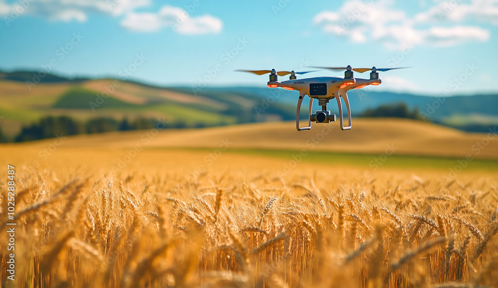 Drone flying over a vast wheat field capturing crop Drone flying over a vast wheat field capturing crop