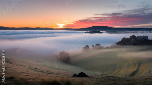 A serene sunrise illuminates foggy hills, with a majestic mountain rising in the background. photo