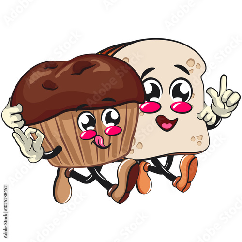 kawaii cartoon chocolate muffin with chocolate chip character mascot walking with sandwich bread cartoon character mascot isolated vector illustration, work of hand drawn