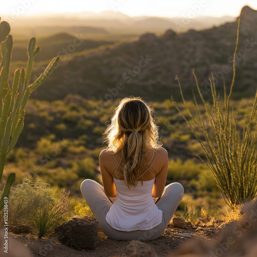  A woman in her late thirties with blonde hair is sitting on the ground meditating at sunset overlooking an arizona desert, cacti and mountains can be seen in background