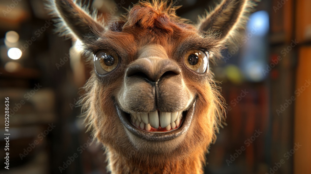 Obraz premium Llama, grinning at camera, teeth showing, generative ai