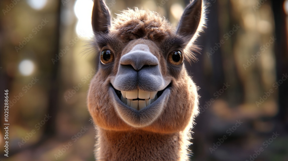 Obraz premium Llama, grinning at camera, teeth showing, generative ai