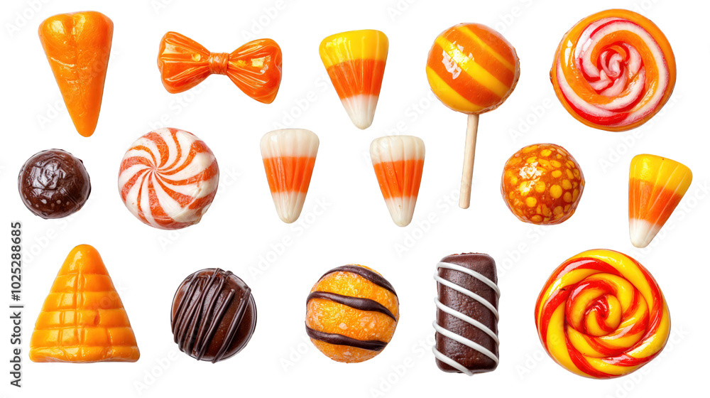 Set of assorted Halloween candy corn and sweets isolated on transparent background