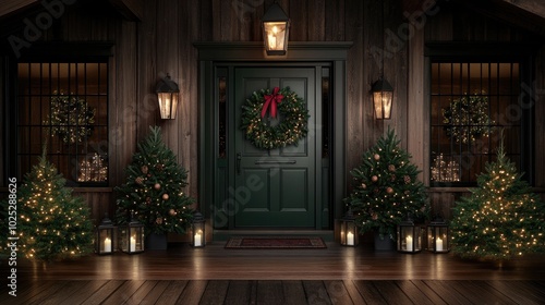 A charming Christmas entrance features a green wreath with lights above black doors. Tinsel trees and candles create a warm and inviting atmosphere in a rustic wooden cabin.