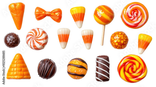 Obraz na płótnie Set of assorted Halloween candy corn and sweets isolated on transparent background w salonie