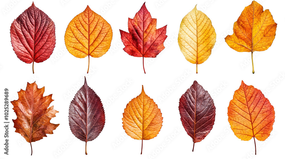 Obraz premium Set of vibrant autumn leaves in red, yellow, and orange colors isolated on transparent background