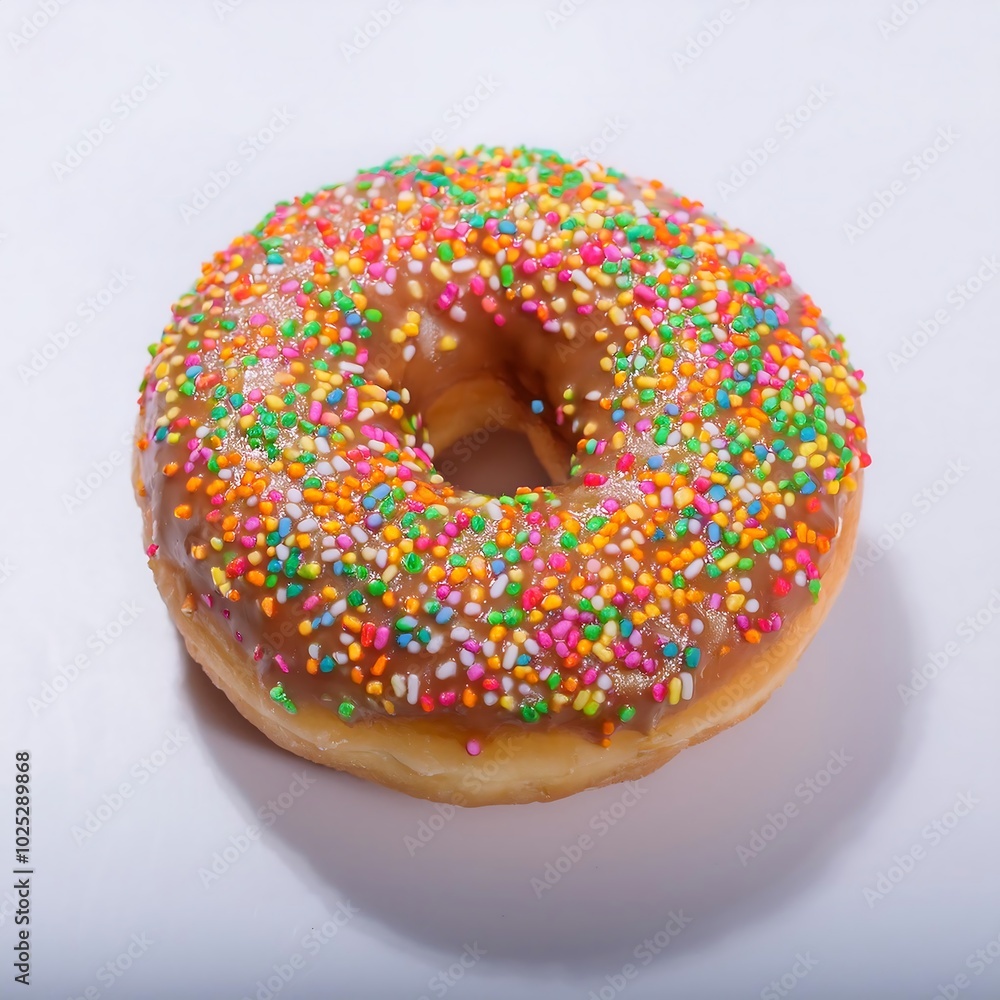 Donut with glaze and rainbow sprinkles on a plain surface Donut with glaze and rainbow sprinkles on a plain surface