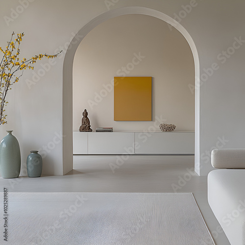 A large minimalist Bauhaus style light grey gallery room with a very large low pile flat woven white rug and a small arched open doorway in Los Angeles, a 1970s postmodern white dresser with a jar of 