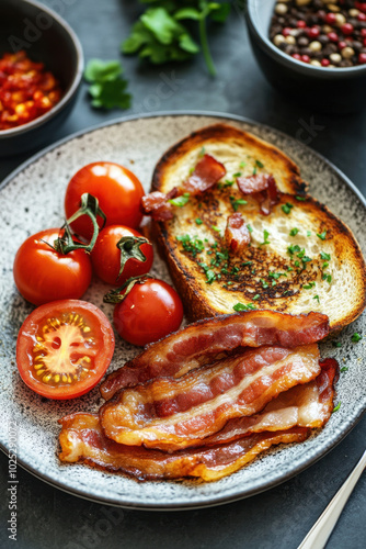A hearty breakfast plate featuring crispy bacon, grilled mushrooms, and roasted tomatoes on toast
