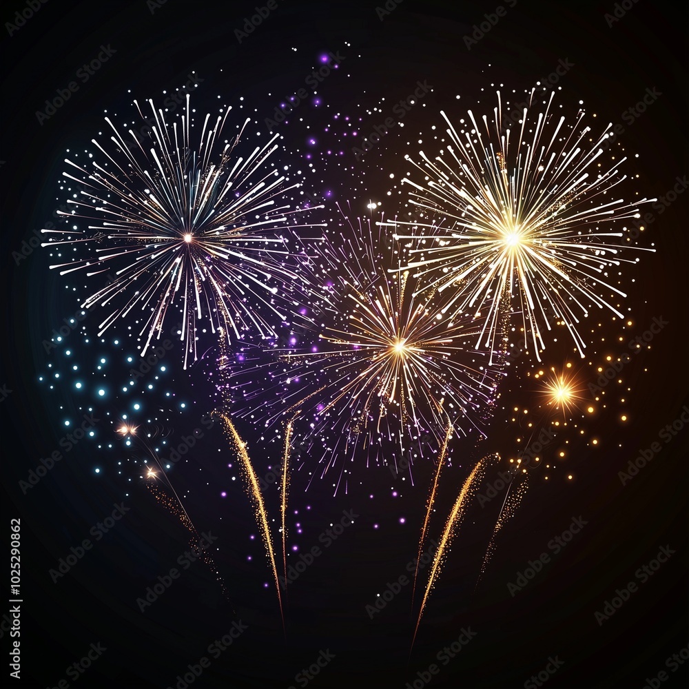 Obraz premium Happy new year typography with fireworks in night sky.