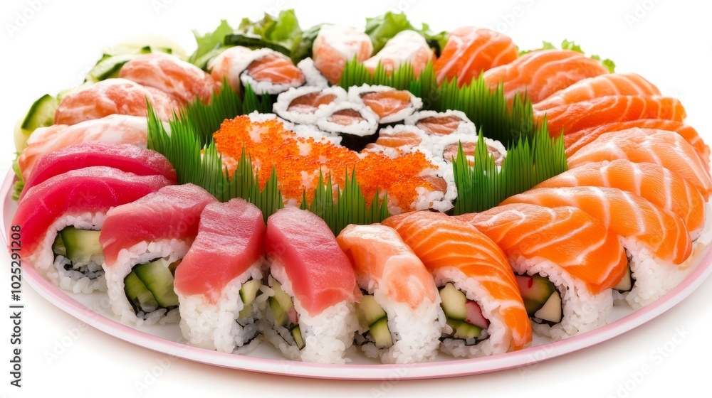 A platter of assorted sushi, including maki rolls, nigiri, and sashimi. A platter of assorted sushi, including maki rolls, nigiri, and sashimi.