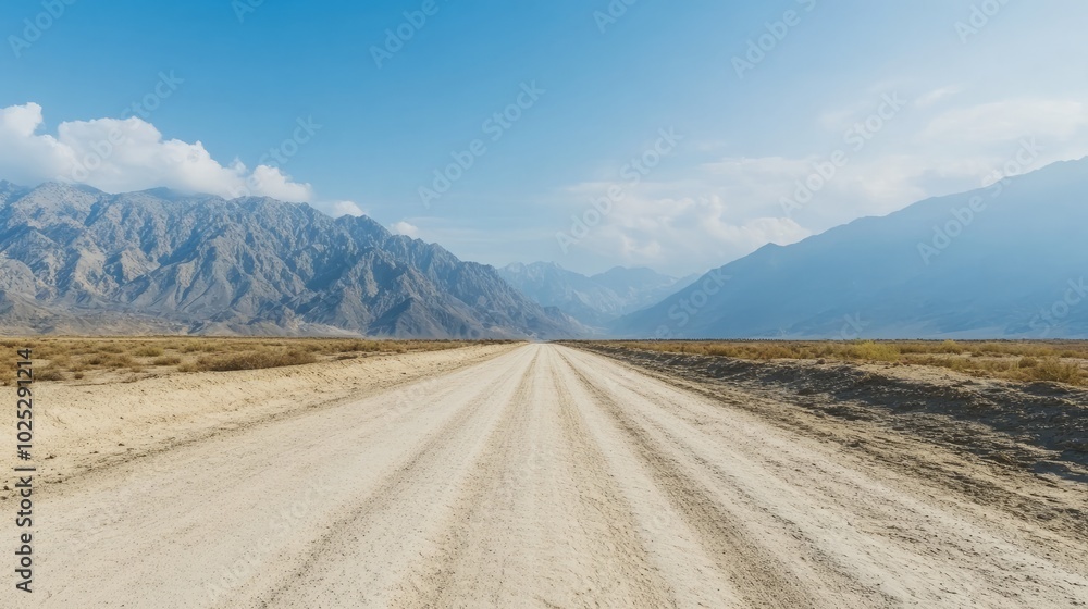 A long, winding dirt road stretches through a desolate desert landscape, leading towards a distant mountain range under a clear blue sky. A long, winding dirt road stretches through a desolate desert landscape, leading towards a distant mountain range under a clear blue sky.