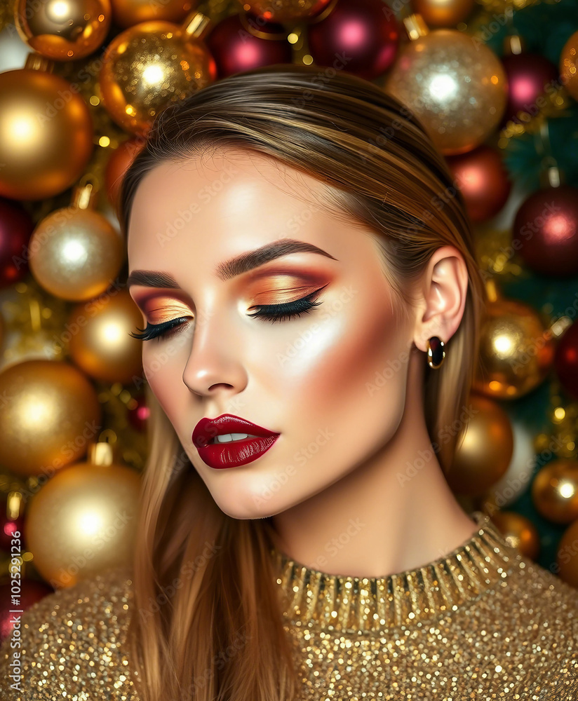 A woman showcases elegant holiday makeup with bold red lips and gold eye shadow, surrounded by festive Christmas decorations. The image exudes warmth, glamour, and holiday spirit.
A woman showcases elegant holiday makeup with bold red lips and gold eye shadow, surrounded by festive Christmas decorations. The image exudes warmth, glamour, and holiday spirit.