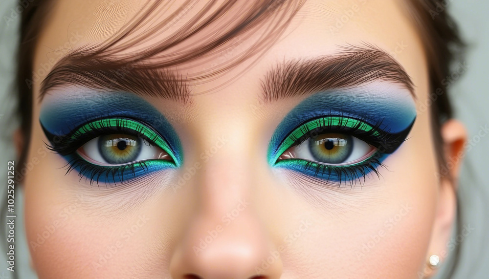 Obraz premium Vibrant close-up of a woman's eyes showcasing exquisite blue and green eye makeup with intricate detail. Perfect representation of beauty, fashion, and artistic makeup styles.