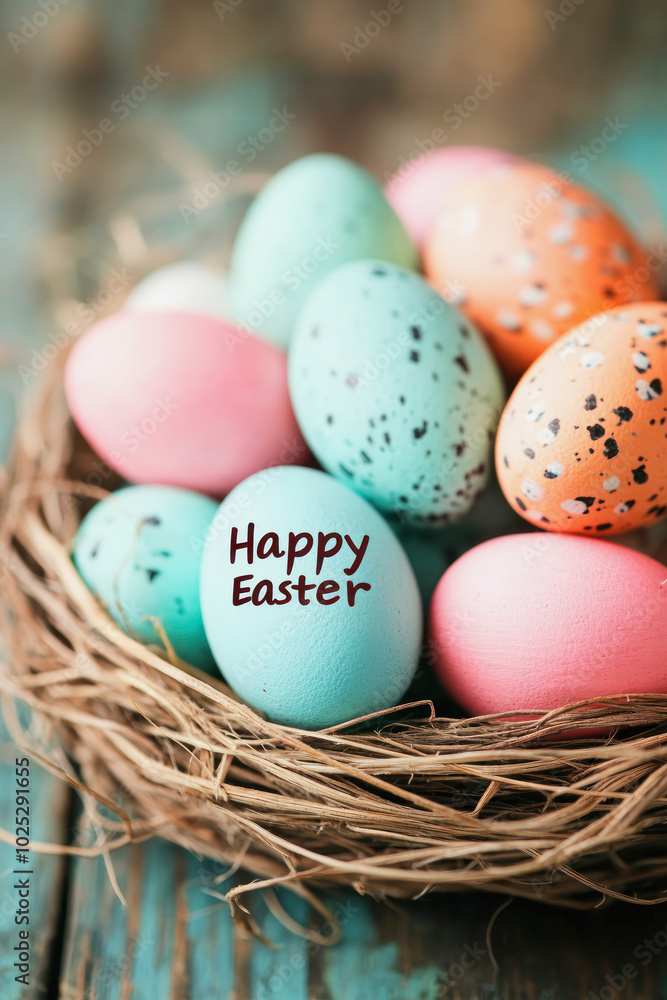 A vibrant Easter greeting card featuring colorful eggs nestled in a rustic nest celebrating the joy of Easter traditions A vibrant Easter greeting card featuring colorful eggs nestled in a rustic nest celebrating the joy of Easter traditions
