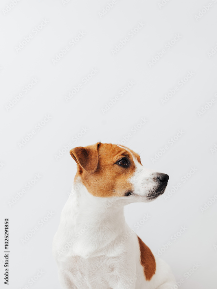 Cute Jack Russell Terrier dog looks away on white background Cute Jack Russell Terrier dog looks away on white background