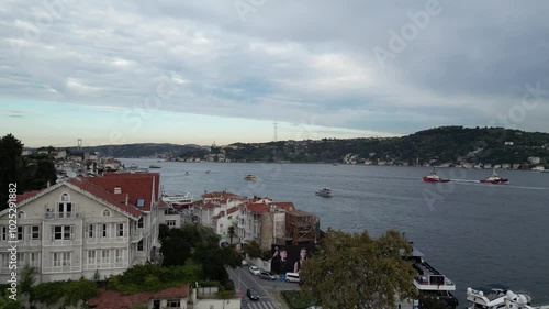Istanbul Bosphorus magnificent view drone video footage. Ship passages through the Istanbul Bosphorus, Bosphorus panoramic video footage