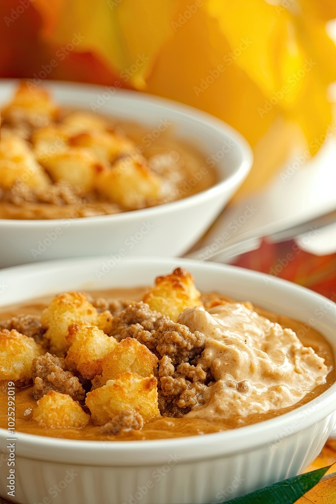 Midwest Thanksgiving Hotdish With Ground Beef and Tater Tots Served in a Warm Festive Setting Midwest Thanksgiving Hotdish With Ground Beef and Tater Tots Served in a Warm Festive Setting