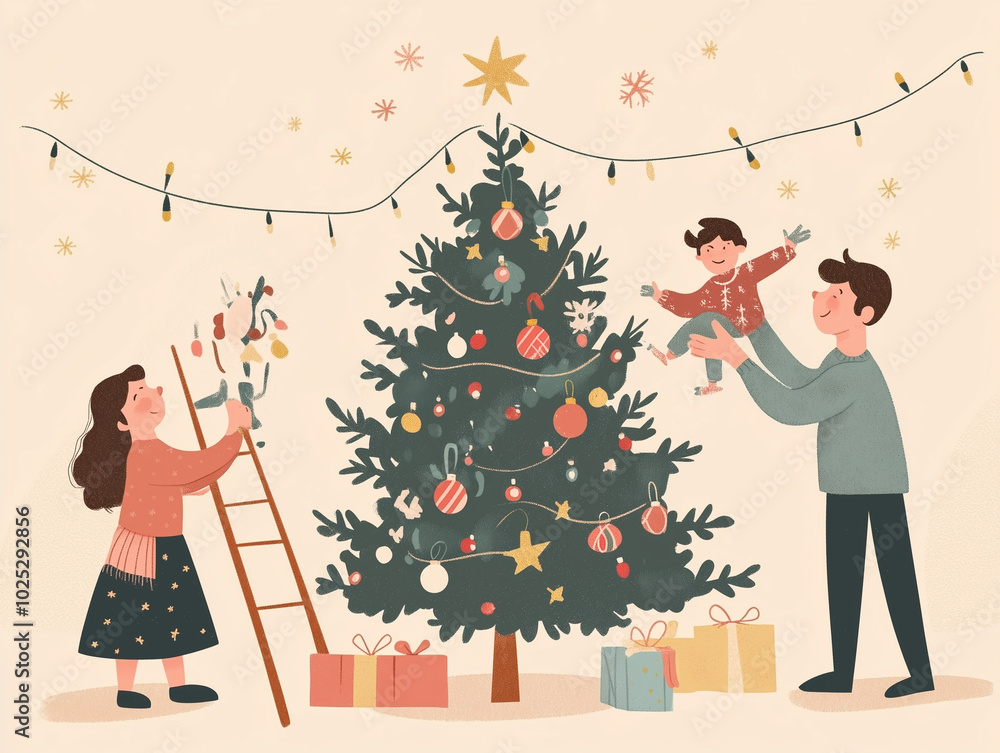 Family decorating the Christmas tree, hanging ornaments and stringing lights while sharing stories Family decorating the Christmas tree, hanging ornaments and stringing lights while sharing stories