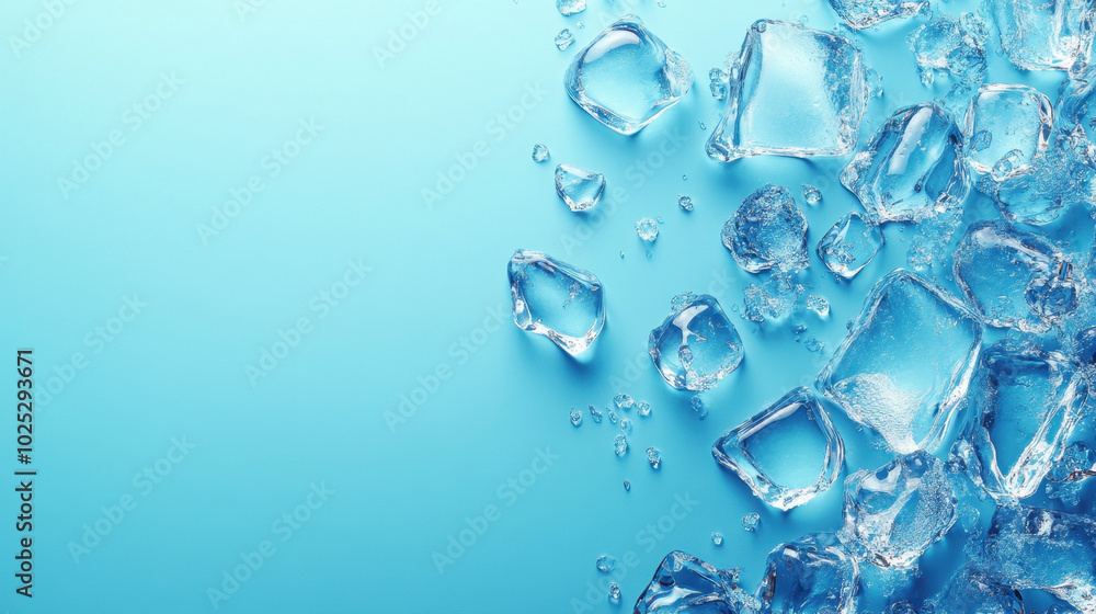 Glimmering ice cubes create a refreshing splash against a vibrant blue backdrop in summer bliss Glimmering ice cubes create a refreshing splash against a vibrant blue backdrop in summer bliss