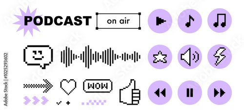 Radio podcast y2k pixel icon set. Music note, speech bubble, equalizer, smile. Game abstract element. Black color modern shape for collage and poster. Abstract geometric simple sign. Broadcast concept
