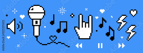 Music vector concept in pixel art. Festival background. Trendy Y2k retro sticker set. Playful pixel shape. Player, melody, song, heart. Rock hand icon. Fans, music notes, cool. Mood of 90's aesthetics