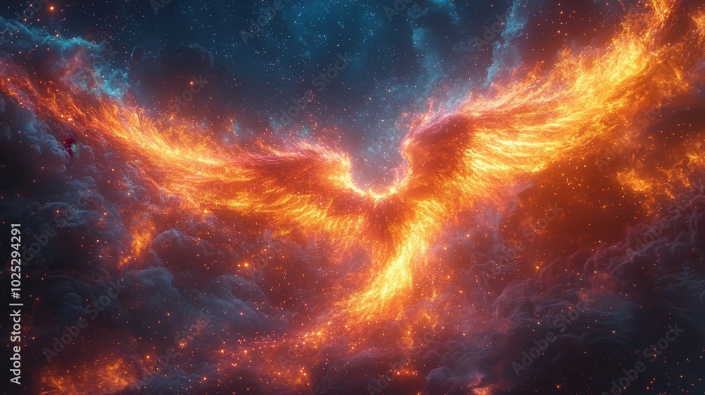 A stunning representation of a phoenix with fiery wings surrounded by a cosmic backdrop, embodying themes of rebirth and transformation. A stunning representation of a phoenix with fiery wings surrounded by a cosmic backdrop, embodying themes of rebirth and transformation.
