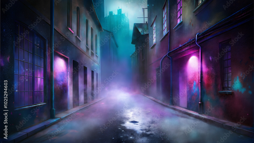Mysterious urban alleyway with colorful lights and fog, atmospheric digital art, urban night scene, copy space Mysterious urban alleyway with colorful lights and fog, atmospheric digital art, urban night scene, copy space