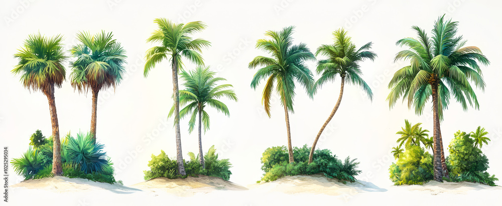 Fototapeta premium Four different types of palm trees are shown in a row, with some of them being taller than others. The trees are all green and have leaves, and they are all situated on a sandy beach