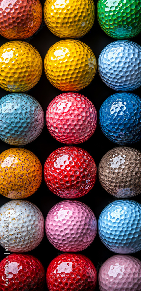 A row of golf balls in various colors. The balls are arranged in a row, with the colors ranging from red to blue. Concept of fun and playfulness A row of golf balls in various colors. The balls are arranged in a row, with the colors ranging from red to blue. Concept of fun and playfulness