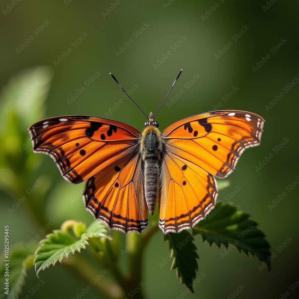 Ein schöner orangefarbener Schmetterling mit schwarzen Punkten sitzt auf einem grünen Blatt, Ein schöner orangefarbener Schmetterling mit schwarzen Punkten sitzt auf einem grünen Blatt,