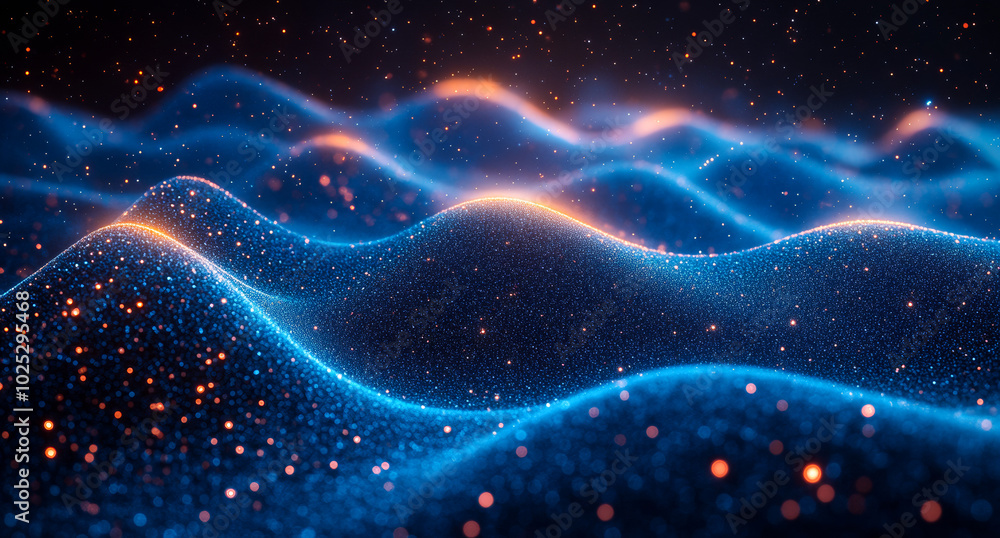 A blue and orange wave with a lot of sparkles. The blue is very bright and the orange is very bright A blue and orange wave with a lot of sparkles. The blue is very bright and the orange is very bright