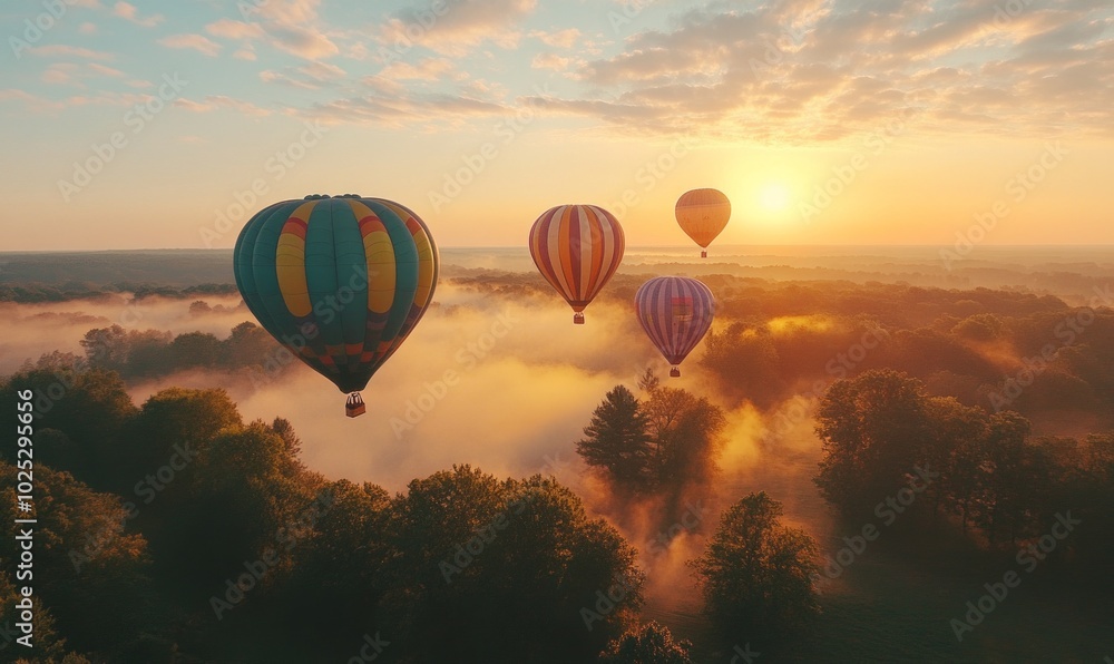 Fototapeta premium Aerial view of hot air balloons at sunrise