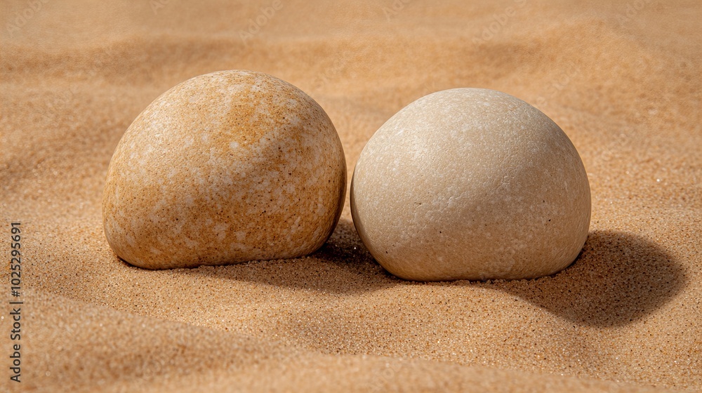 Two rocks are sitting on a sandy beach Two rocks are sitting on a sandy beach