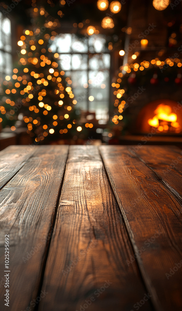 A wooden table with a Christmas tree in the background. The table is empty and the tree is lit up with lights. Scene is warm and festive, with the Christmas tree adding a sense of holiday cheer A wooden table with a Christmas tree in the background. The table is empty and the tree is lit up with lights. Scene is warm and festive, with the Christmas tree adding a sense of holiday cheer