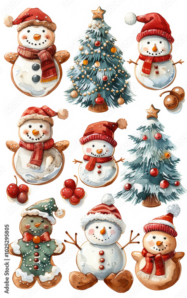 A set of snowmen and a Christmas tree are depicted in a watercolor style. The snowmen are wearing hats and scarves, and the tree is adorned with lights and ornaments. Scene is festive and cheerful A set of snowmen and a Christmas tree are depicted in a watercolor style. The snowmen are wearing hats and scarves, and the tree is adorned with lights and ornaments. Scene is festive and cheerful
