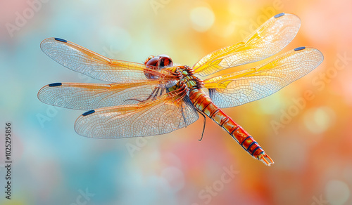 A dragonfly is flying in the air with its wings spread out. The image has a bright and colorful mood, with the dragonfly's orange and black wings contrasting against the blue and pink background