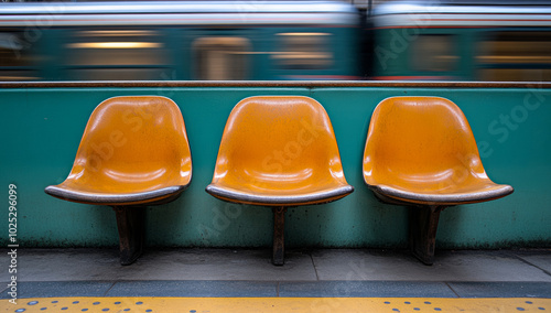 Three orange chairs are sitting on a platform next to a train. The chairs are empty and appear to be old. The train is in the background, and the platform is made of concrete