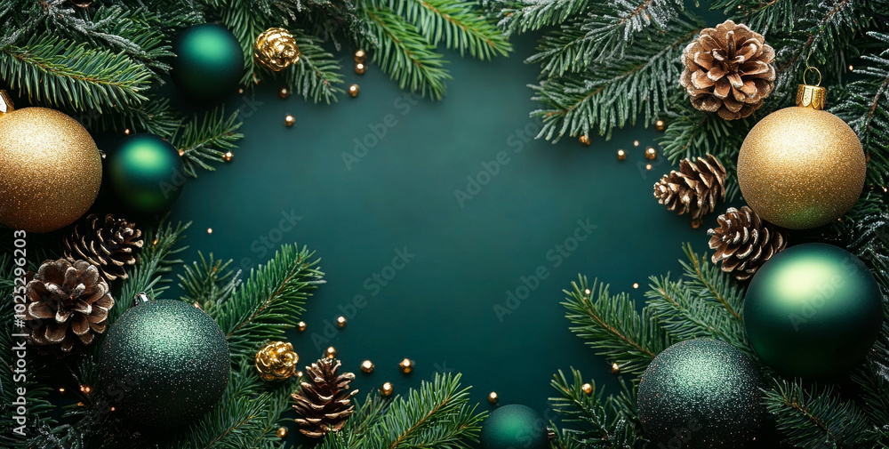 A green background with a gold and green Christmas tree. The tree is surrounded by many Christmas ornaments, including pine cones and gold and green balls A green background with a gold and green Christmas tree. The tree is surrounded by many Christmas ornaments, including pine cones and gold and green balls