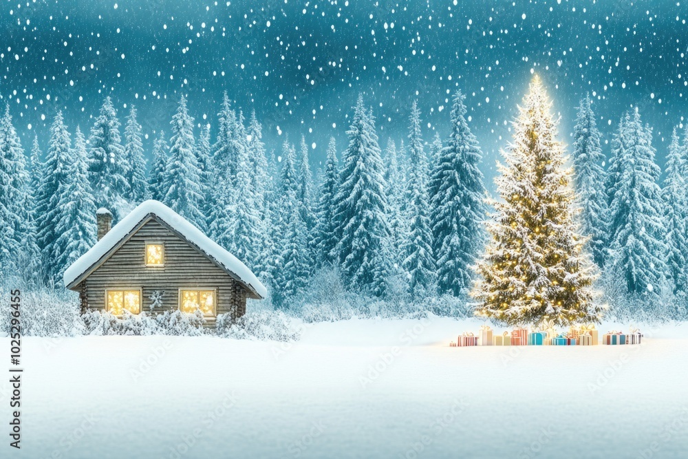 Cozy cabin and illuminated christmas tree in snowy winter wonderland Cozy cabin and illuminated christmas tree in snowy winter wonderland