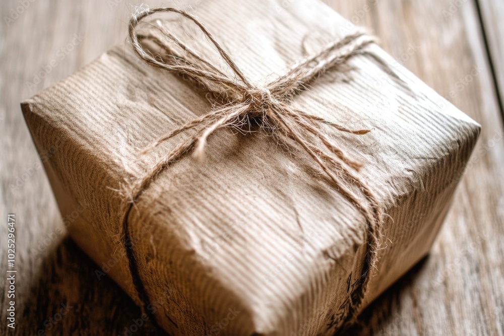 Eco-friendly rustic gift box wrapped in brown paper and twine on wooden surface Eco-friendly rustic gift box wrapped in brown paper and twine on wooden surface