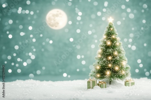 Festive christmas tree with presents and snow under a full moon