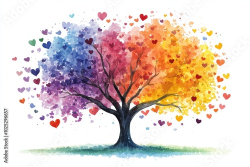 On white, a hand-painted watercolor tree in rainbow colors