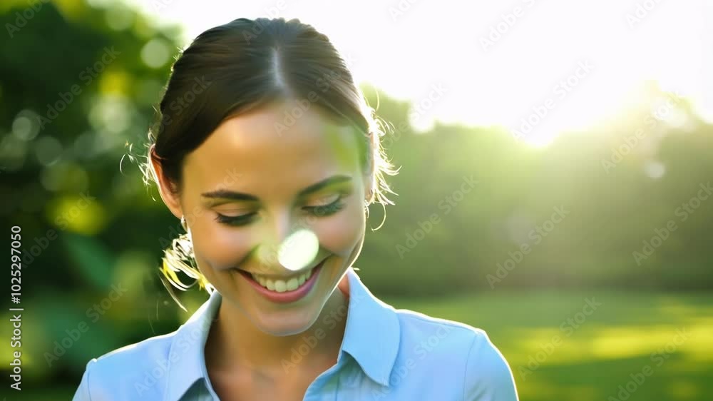 A young woman smiling in sunlight, capturing a moment of pure joy and happiness. The warm glow of the sun enhances the cheerful, positive energy of the scene.