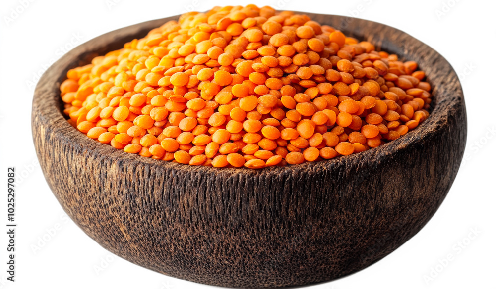 A bowl of red lentils is shown on a white background. The bowl is wooden and filled with the lentils A bowl of red lentils is shown on a white background. The bowl is wooden and filled with the lentils
