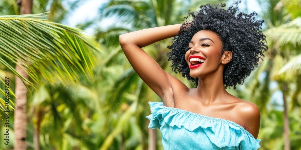 Joyful woman in tropical paradise enjoying sunshine with vibrant smile Joyful woman in tropical paradise enjoying sunshine with vibrant smile