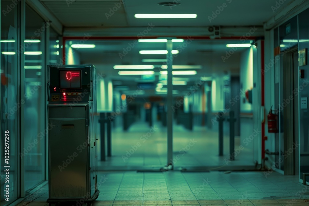 Medical equipment displaying zero in an empty hospital corridor Medical equipment displaying zero in an empty hospital corridor