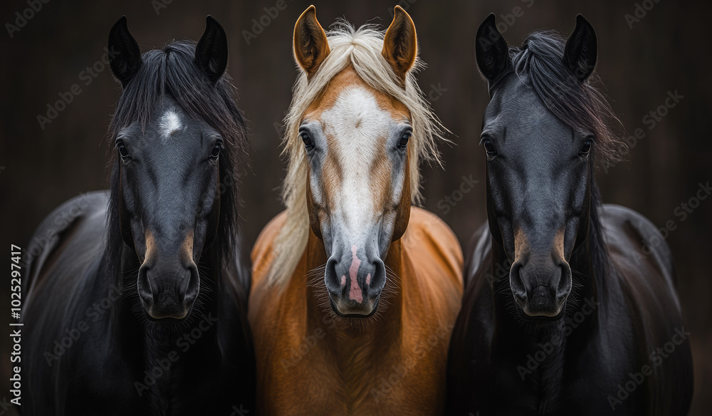 Three horses standing next to each other, one black, one brown, and one white. The black horse is looking at the camera, while the brown horse is looking away Three horses standing next to each other, one black, one brown, and one white. The black horse is looking at the camera, while the brown horse is looking away