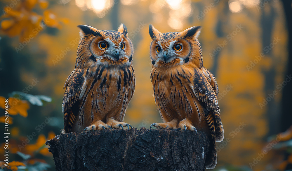 Two owls sitting on a log in a forest. The owls are staring at the camera Two owls sitting on a log in a forest. The owls are staring at the camera